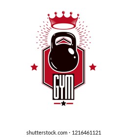 Bodybuilding and fitness sport logo templates, retro style vector emblem. With kettlebell.