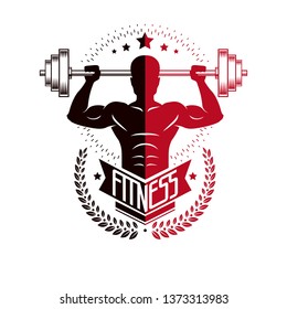 Bodybuilding and fitness sport logo templates, retro style vector emblem. With bodybuilder silhouette.