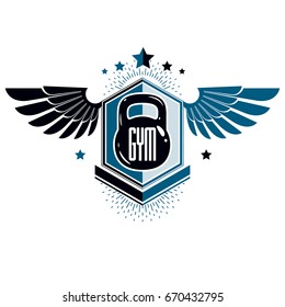 Bodybuilding and fitness sport logo templates, winged retro stylized vector emblem or badge. With kettlebell.