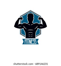 Bodybuilding and fitness sport logo templates, vintage style vector emblem. With bodybuilder silhouette.
