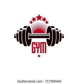 Bodybuilding and fitness sport logo templates, retro style vector emblem. With barbell.