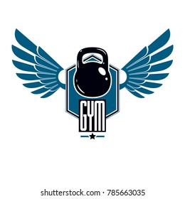 Bodybuilding and fitness sport logo templates, winged retro stylized vector emblem or badge. With kettlebell.