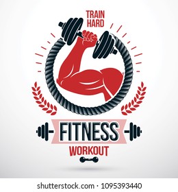 Bodybuilding And Fitness Sport Vector Emblem Made Using Muscular Athletic Arm Holding Dumbbell.