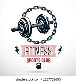 Bodybuilding and fitness sport vector emblem template created using dumbbell sport equipment and iron chain, symbol of strength.
