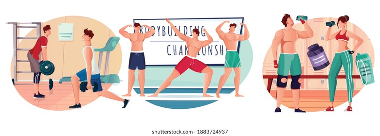 Bodybuilding flat composition set with athletes training in gym drinking protein cocktail isolated vector illustration