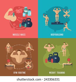 Bodybuilding flat icons set with muscle mass gym routine weight training isolated vector illustration