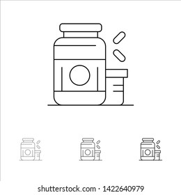 Bodybuilding, Gainer, Protein, Sports, Supplement Bold and thin black line icon set