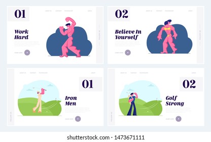 Bodybuilding and Golf Competition Website Landing Page Set. Sportsmen Characters Perform Athletic Body on Stage. People Playing Golf on Green Course Web Page. Cartoon Flat Vector Illustration, Banner