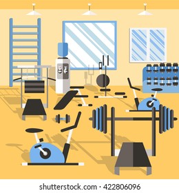 Bodybuilding gym poster fitness room with many sports equipment and mirror for training vector illustration