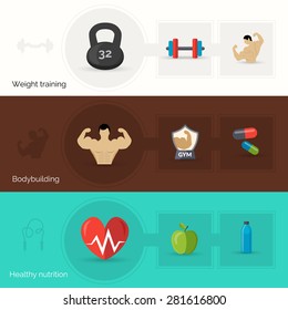 Bodybuilding horizontal banner set with weight training and healthy nutrition flat elements isolated vector illustration