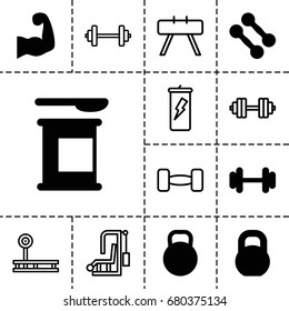 Bodybuilding icon. set of 13 filled and outline bodybuilding icons such as barbell, kettle, muscular arm, barbell   isolated, dumbbell, protein powder, fintess equipment