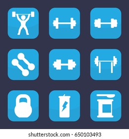 Bodybuilding icon. set of 9 filled bodybuilding icons such as barbell, power lifter, barbell   isolated, dumbbell