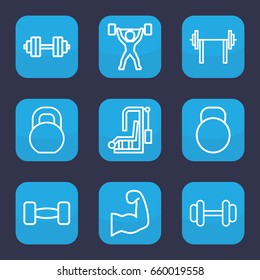 Bodybuilding icon. set of 9 outline bodybuilding icons such as barbell, kettle, muscular arm, power lifter, barbell   isolated