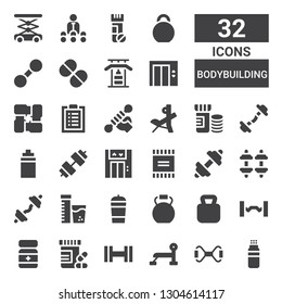 bodybuilding icon set. Collection of 32 filled bodybuilding icons included Powder, Chest expander, Bench press, Dumbbell, Vitamins, Barbell, Kettlebell, Protein shake, Fitness