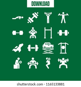 bodybuilding icon. This set with weightlifting, pull up bar, dumbbell and pushups vector icons for mobile and web