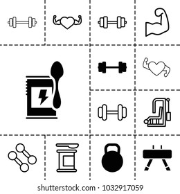 Bodybuilding icons. set of 13 editable filled and outline bodybuilding icons such as barbell, kettle, dumbbell, protein powder, gym equipment, heart with muscles, muscular arm