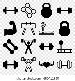 Bodybuilding icons set. set of 16 bodybuilding filled and outline icons such as barbell, heart with muscles, kettle, muscular arm, power lifter, barbell   isolated, dumbbell