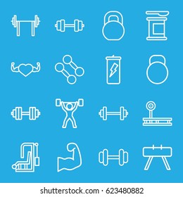 Bodybuilding icons set. set of 16 bodybuilding outline icons such as barbell, heart with muscles, kettle, muscular arm, power lifter, barbell   isolated, dumbbell