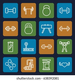 Bodybuilding icons set. set of 16 bodybuilding outline icons such as barbell, heart with muscles, kettle, power lifter, barbell   isolated, dumbbell, fintess equipment