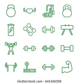 Bodybuilding icons set. set of 16 bodybuilding outline icons such as barbell, heart with muscles, kettle, muscular arm, power lifter, barbell   isolated, dumbbell