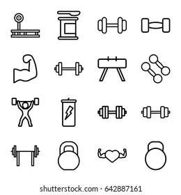 Bodybuilding icons set. set of 16 bodybuilding outline icons such as barbell, heart with muscles, kettle, muscular arm, power lifter, barbell   isolated, dumbbell