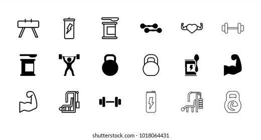 Bodybuilding icons. set of 18 editable filled and outline bodybuilding icons: protein powder, kettle, muscular arm, power lifter, fintess equipment, gym equipment