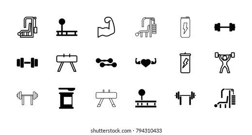 Bodybuilding icons. set of 18 editable filled and outline bodybuilding icons: barbell, fintess equipment, protein powder, heart with muscles, gym equipment, muscular arm