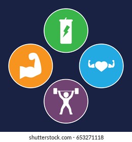 Bodybuilding icons set. set of 4 bodybuilding filled icons such as heart with muscles, muscular arm, power lifter