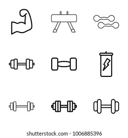 Bodybuilding icons. set of 9 editable outline bodybuilding icons such as barbell, protein powder, muscular arm, barbell   isolated, dumbbell