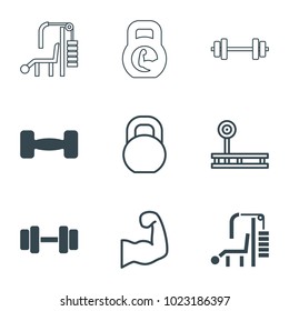 Bodybuilding icons. set of 9 editable filled and outline bodybuilding icons such as barbell, fintess equipment, muscular arm
