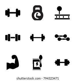 Bodybuilding icons. set of 9 editable filled bodybuilding icons such as barbell, muscular arm, barbell   isolated, dumbbell, fintess equipment