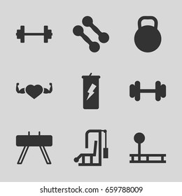 Bodybuilding icons set. set of 9 bodybuilding filled icons such as barbell, heart with muscles, kettle, dumbbell, fintess equipment, protein powder