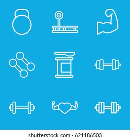 Bodybuilding icons set. set of 9 bodybuilding outline icons such as heart with muscles, kettle, muscular arm, barbell   isolated, barbell, dumbbell, fintess equipment