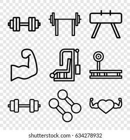 Bodybuilding icons set. set of 9 bodybuilding outline icons such as heart with muscles, muscular arm, barbell   isolated, dumbbell, fintess equipment, barbell