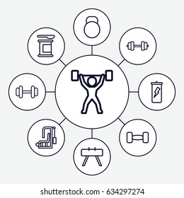 Bodybuilding icons set. set of 9 bodybuilding outline icons such as barbell, kettle, power lifter, fintess equipment, protein powder