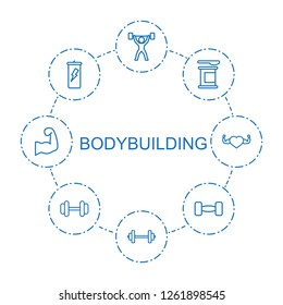 bodybuilding icons. Trendy 8 bodybuilding icons. Contain icons such as power lifter, barbell, protein powder, muscular arm, heart with muscles. bodybuilding icon for web and mobile.