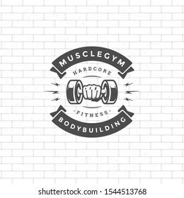 Bodybuilding logo or badge vector illustration male hand holding dumbbell symbol silhouette. Retro typography fitness emblem design template or label print stamp.