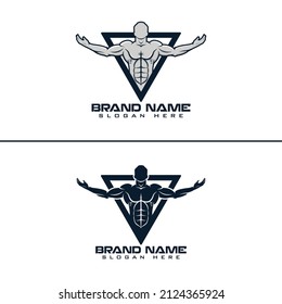 Bodybuilding, logo, triangle, yoga, pose, black and white color illustration