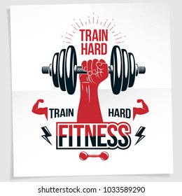 Bodybuilding motivation poster. Vector composition of muscular sportsman arm holds disc weight dumbbell sport equipment. Train hard quote.
