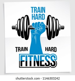 Bodybuilding motivation poster. Vector composition of muscular sportsman arm holds disc weight dumbbell sport equipment. Train hard quote.