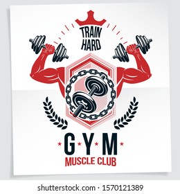 Bodybuilding motivation poster. Vector composition of muscular sportsman arm holds disc weight dumbbell sport equipment. Train hard quote.