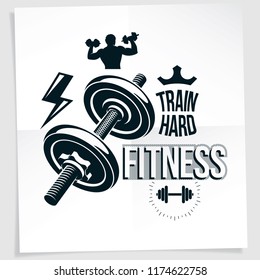 Bodybuilding motivation vector poster created with disc weight dumbbell and bodybuilder body silhouette. Train hard lettering.