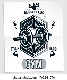 Bodybuilding motivation vector poster created with disc weight dumbbell and bodybuilder body silhouette. Train hard lettering.