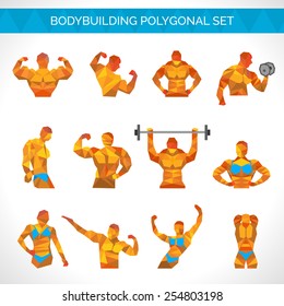 Bodybuilding muscle exercise male and female athletes polygonal icons set isolated vector illustration