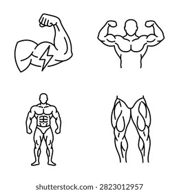 Bodybuilding and muscle training icon set with bodybuilding training exercise strength physique