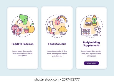 Bodybuilding nutrition onboarding mobile app screen. Fitness walkthrough 3 steps graphic instructions pages with linear concepts. UI, UX, GUI template. Myriad Pro-Bold, Regular fonts used