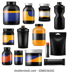 Bodybuilding nutrition vector branding fitness sport nutritional supplement with protein in branded bottle for bodybuilders illustration set isolated on white background