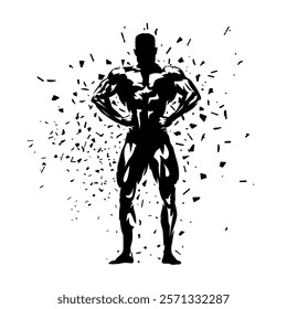 Bodybuilding, posing bodybuilder, isolated vector silhouette with dispersion effect