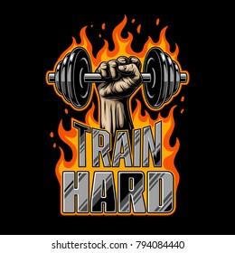 Bodybuilding Poster With Dumbell In The Fist And Flame. Hot Vector Design