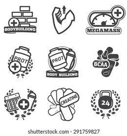 bodybuilding, powerlifting and fitness icons set
